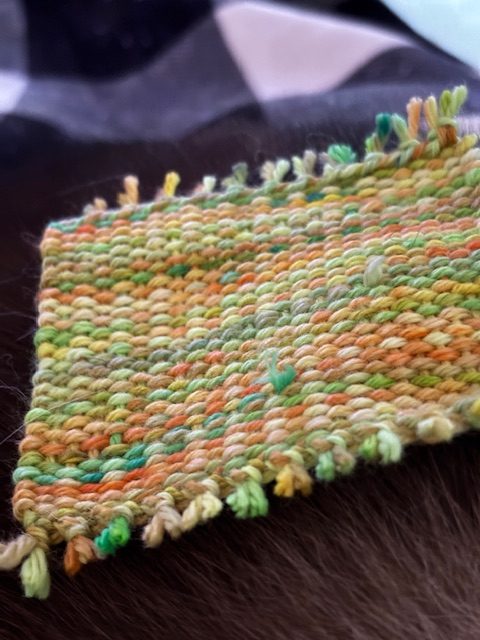 A woven coaster in shades of green and orange, featuring fringe edges, resting on a dark furry surface.