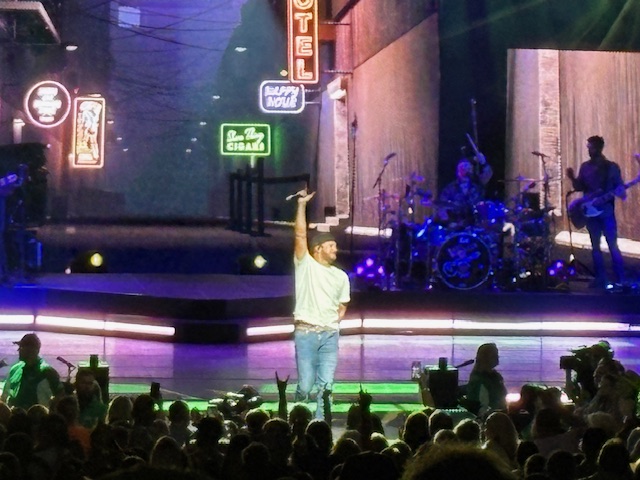 A singer performing on stage in front of a large audience during a concert, with colorful lights and band members in the background.