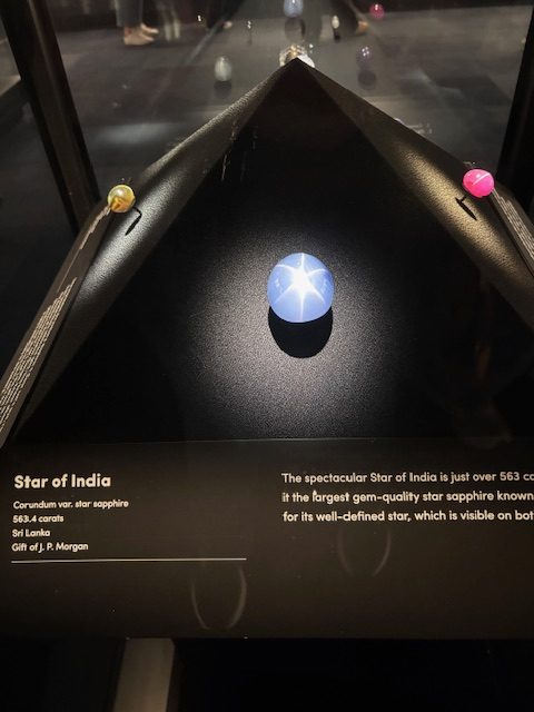 Close-up of the Star of India gemstone, a large blue star sapphire displayed under glass, with a small informational plaque describing its significance and origin.