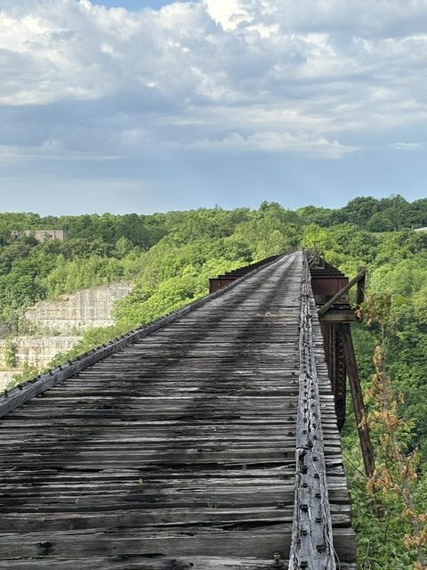 An old wooden bridge leading into a lush green landscape under a slightly cloudy sky.