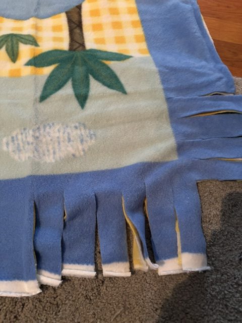 Close-up of a colorful blanket with blue fabric, featuring a pattern of green leaves and a yellow checkered section, with fringed edges.