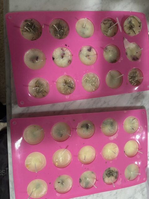 Two pink silicone candle molds filled with wax and herbs, each containing multiple candle wicks.