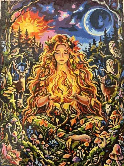 A vibrant painting of a woman with long, flowing hair surrounded by nature, including trees, deer, and owls, with a sun and crescent moon in the background.